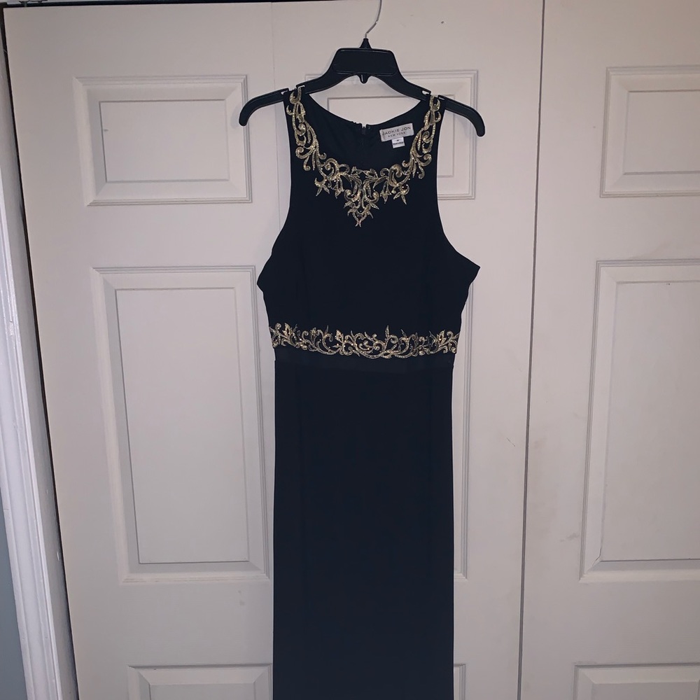 Black and gold long prom dress